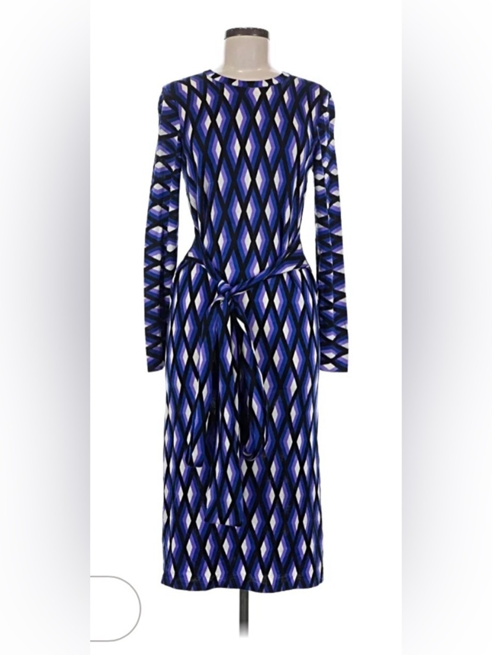 Diane Von Furstenberg Geometric Blue and Black Long Sleeve Tie Dress LIKE NEW!